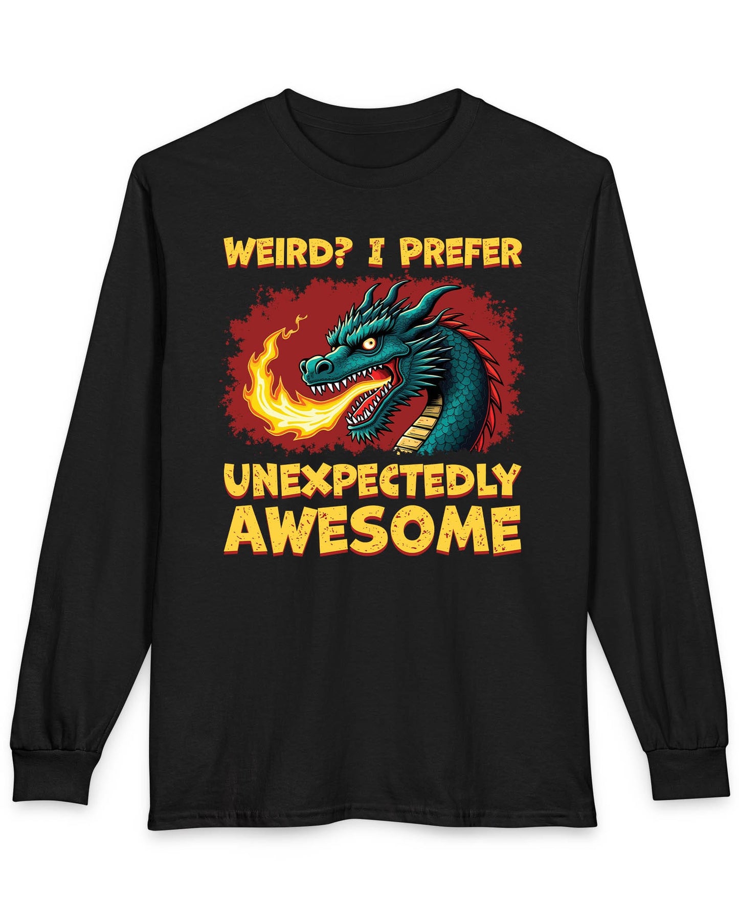 Unexpectedly Awesome Dragon shirt in black featuring a fire-breathing dragon with bold red and yellow text