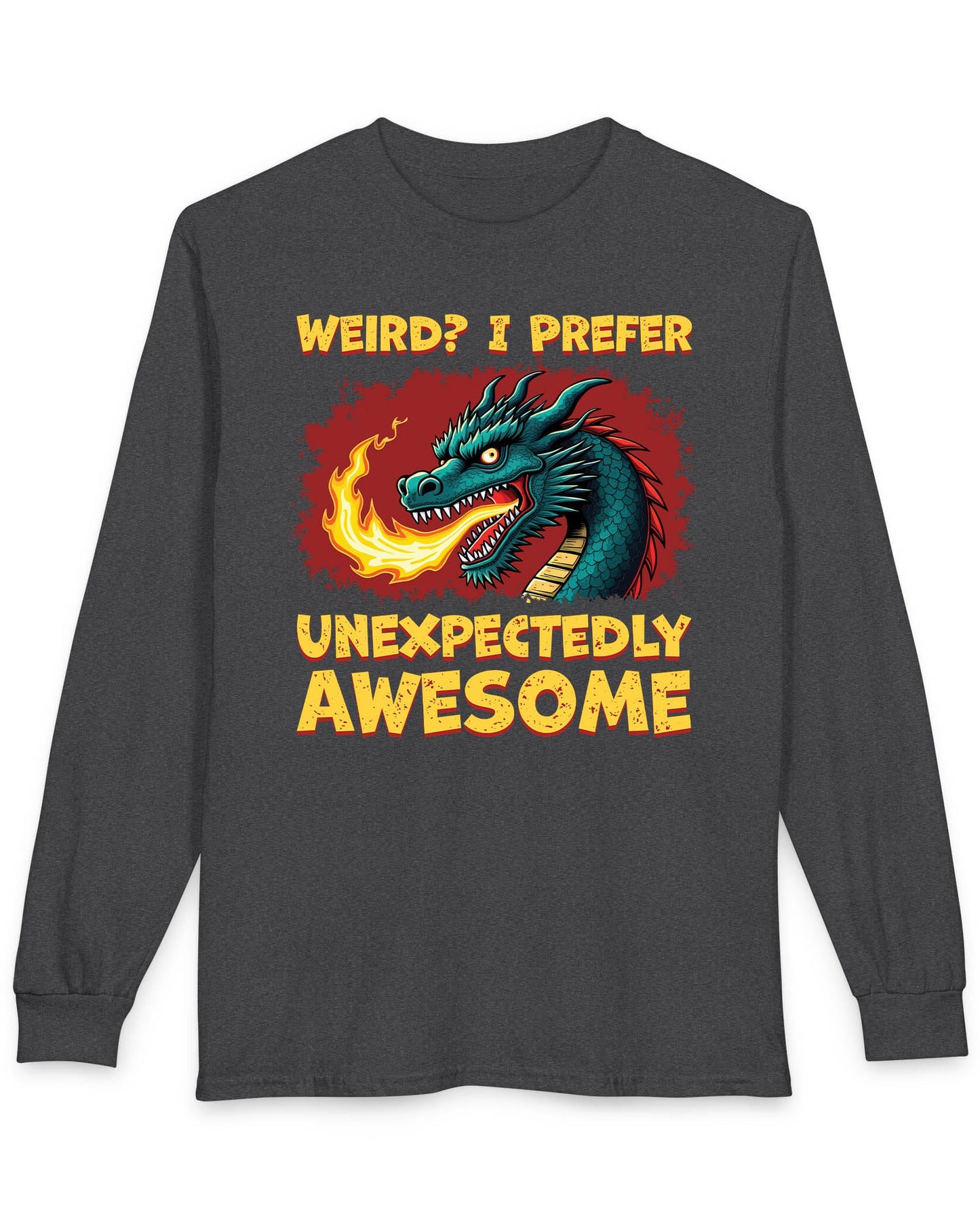 Unexpectedly Awesome Dragon shirt in dark heather featuring a fire-breathing dragon with bold red and yellow text