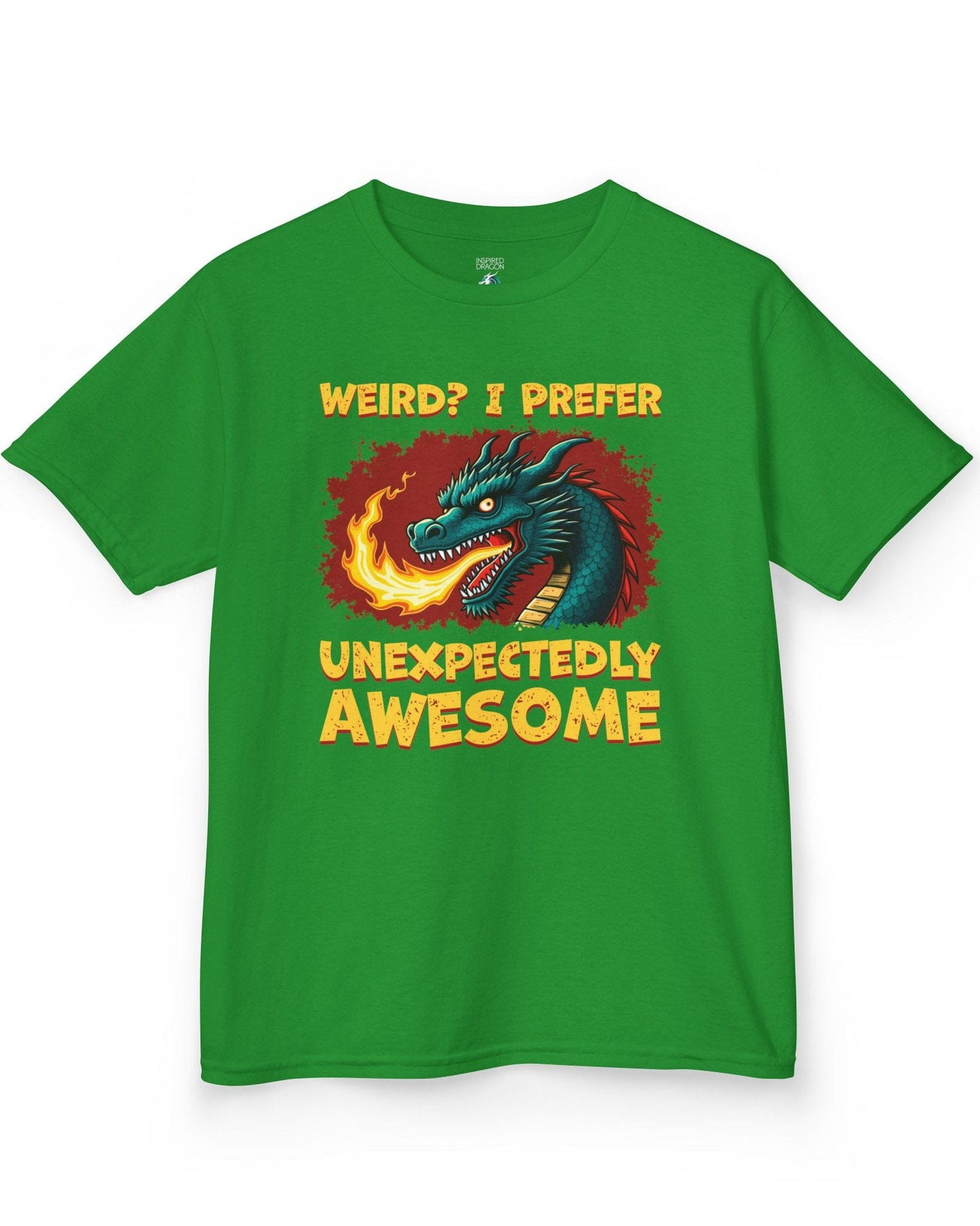 Unexpectedly Awesome Dragon shirt in Irish green featuring a fire-breathing dragon with bold red and yellow text.