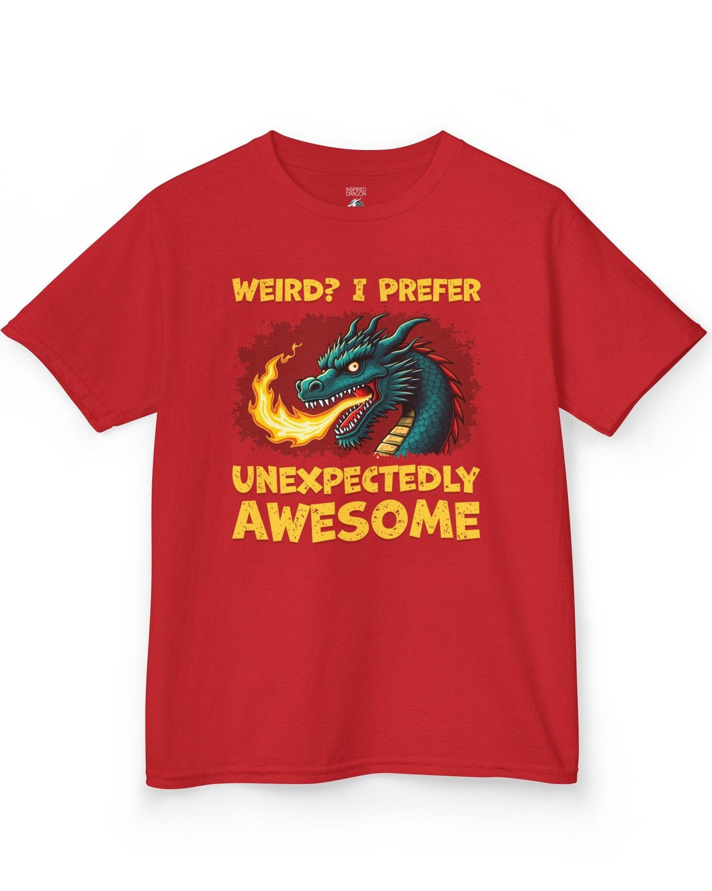 Unexpectedly Awesome Dragon shirt in red featuring a fire-breathing dragon with bold red and yellow text.