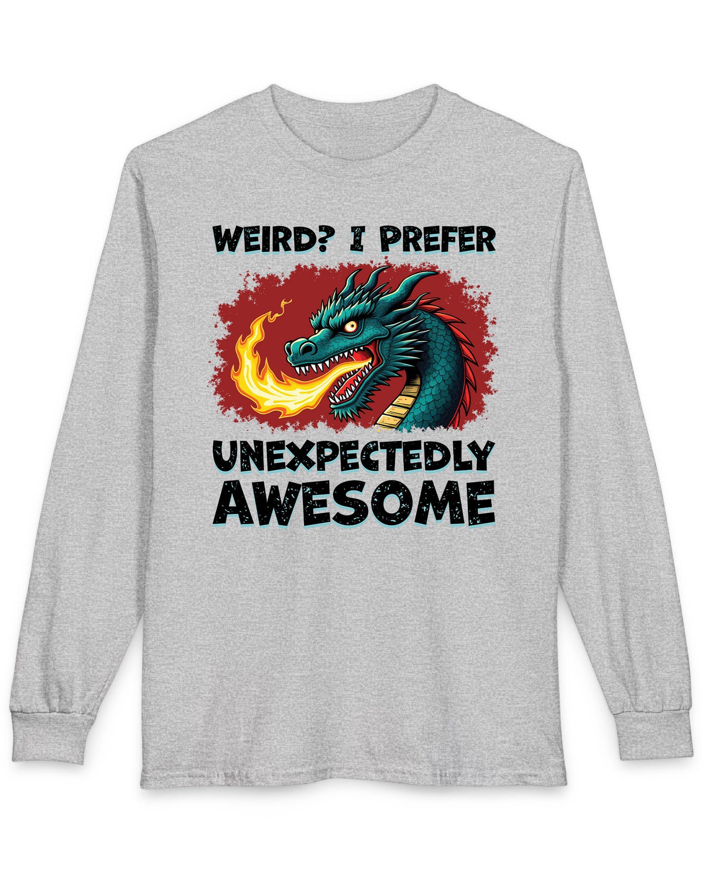 Unexpectedly Awesome Dragon shirt in sport grey featuring a fire-breathing dragon with bold text