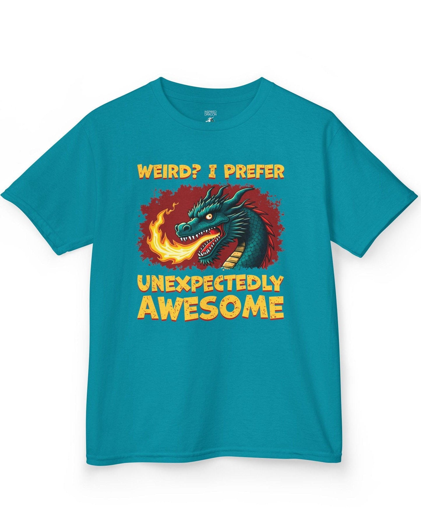 Unexpectedly Awesome Dragon shirt in tropical blue featuring a fire-breathing dragon with bold red and yellow text.