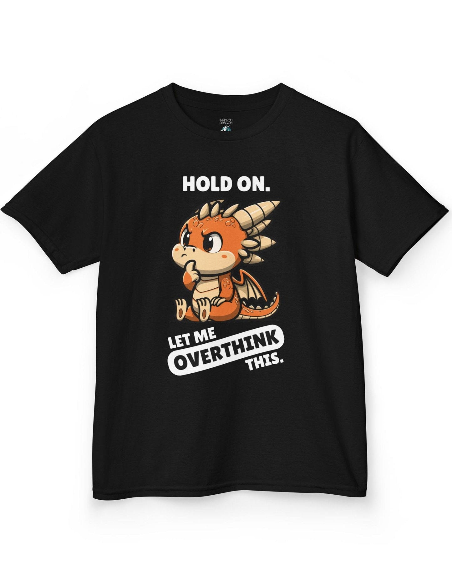 Let Me Overthink This shirt in black, featuring a thoughtful cartoon dragon with bold white and black text.