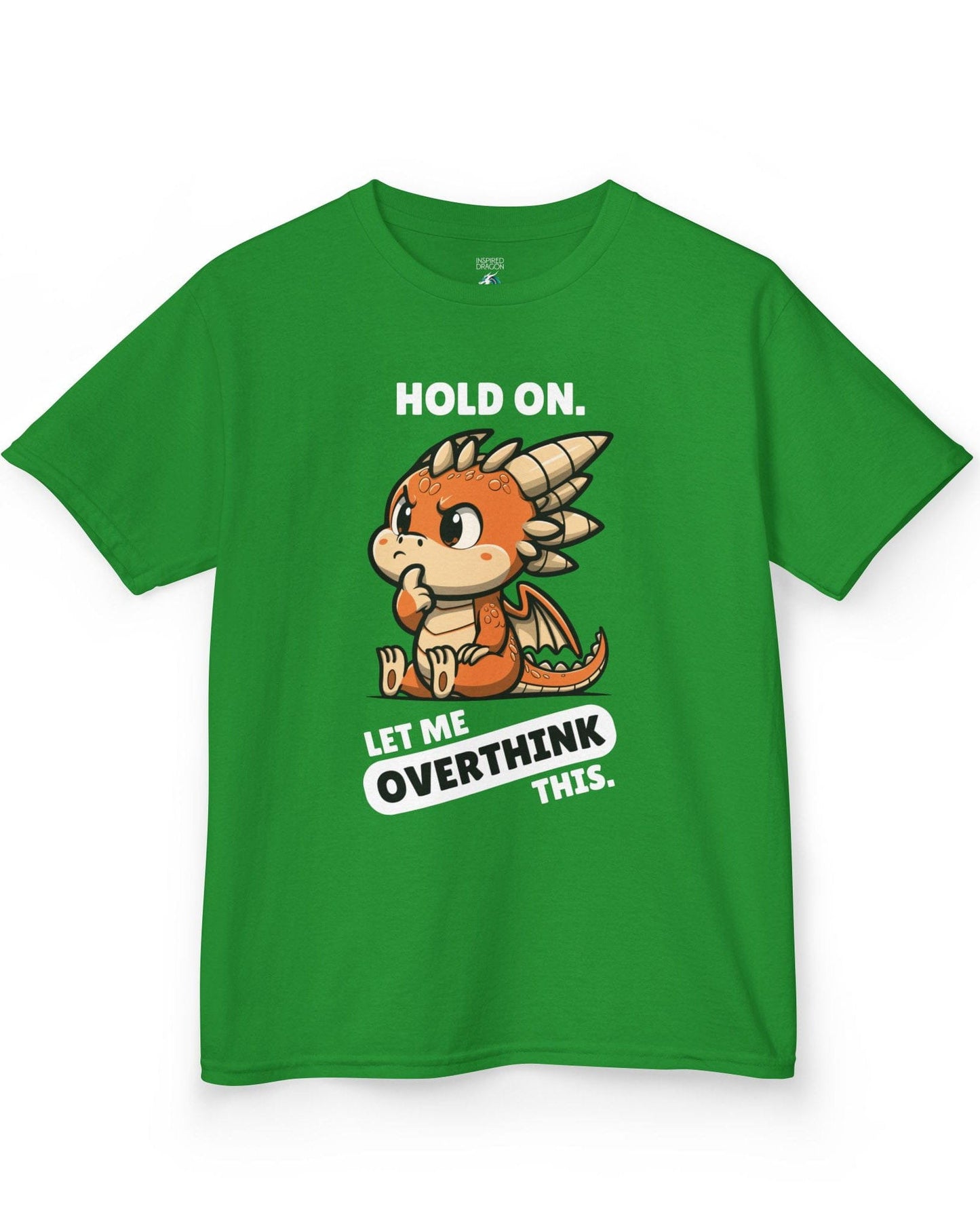 Let Me Overthink This shirt in Irish green, featuring a thoughtful cartoon dragon with bold white and black text.