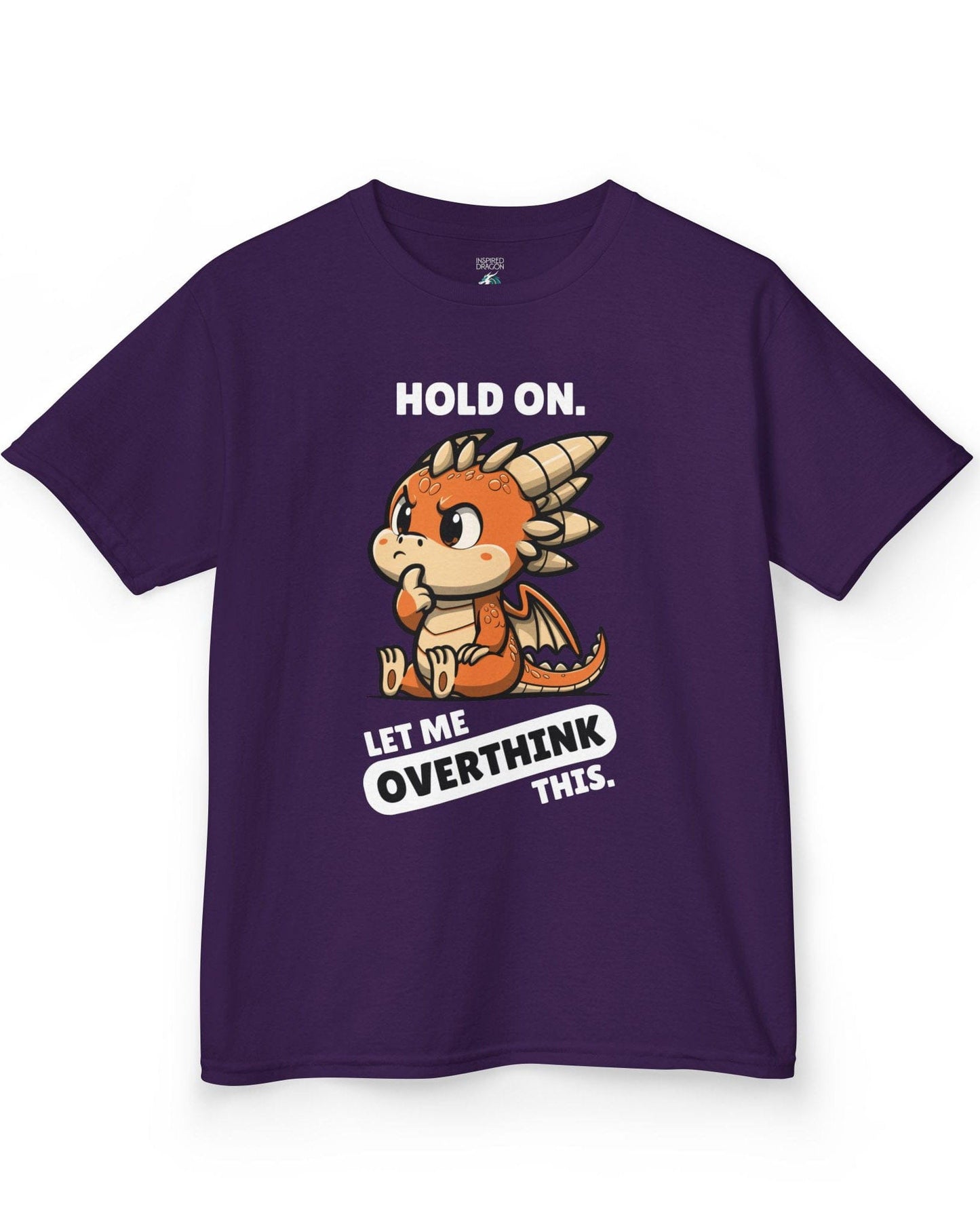 Let Me Overthink This shirt in purple, featuring a thoughtful cartoon dragon with bold white and black text.