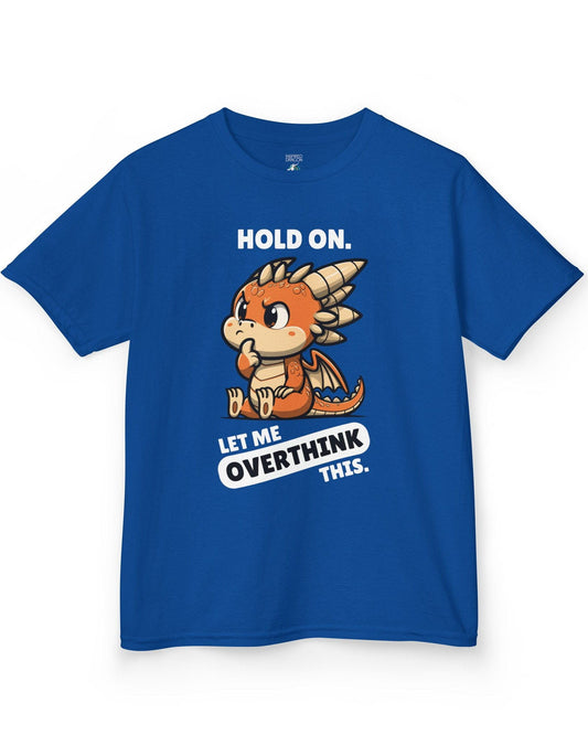 Let Me Overthink This shirt in royal blue, featuring a thoughtful cartoon dragon with bold white and black text.