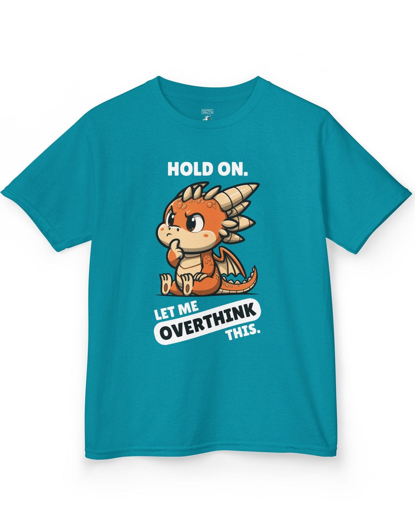 Let Me Overthink This shirt in tropical blue, featuring a thoughtful cartoon dragon with bold white and black text.