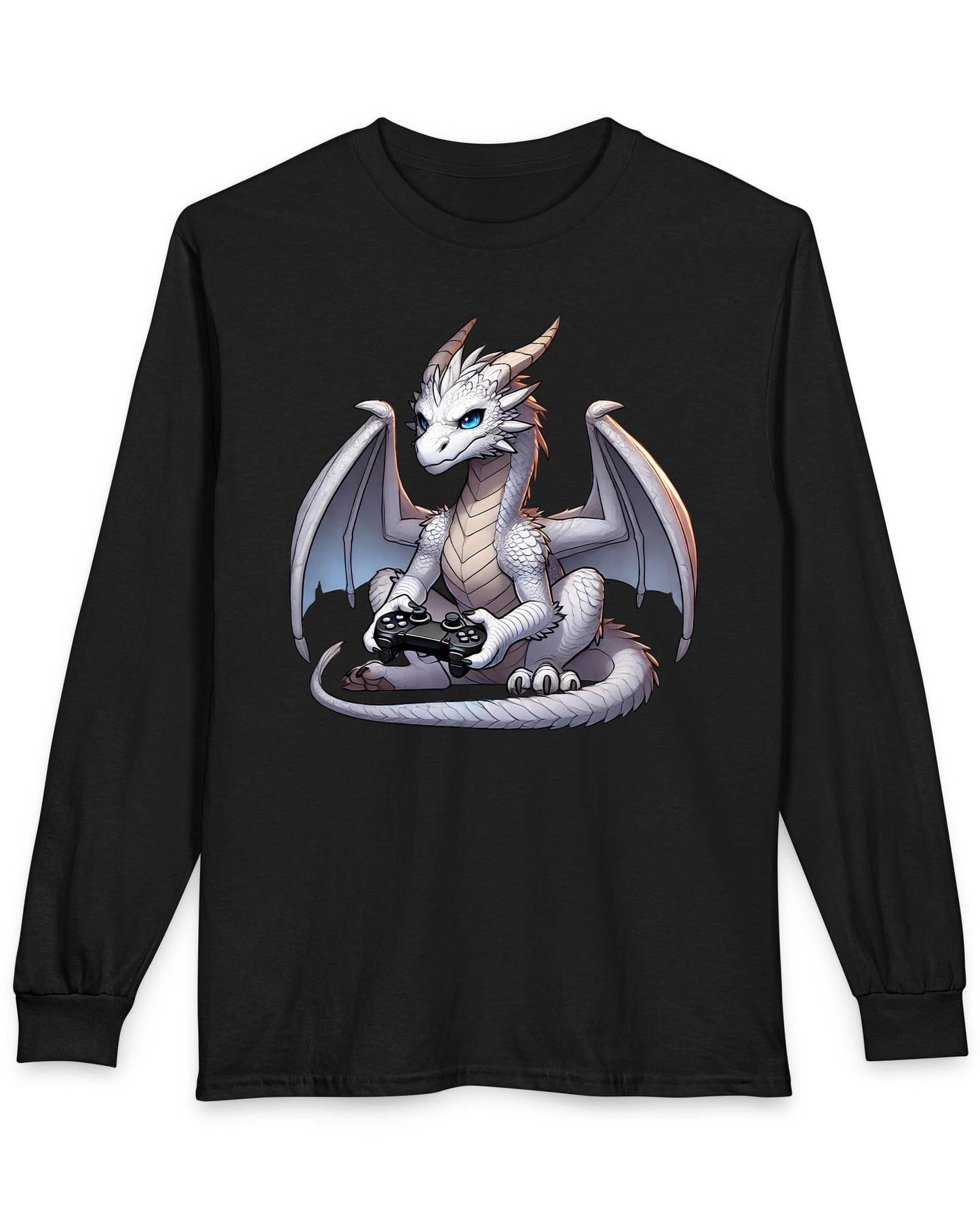 Gaming Dragon shirt in black featuring a white dragon with blue eyes holding a video game controller.