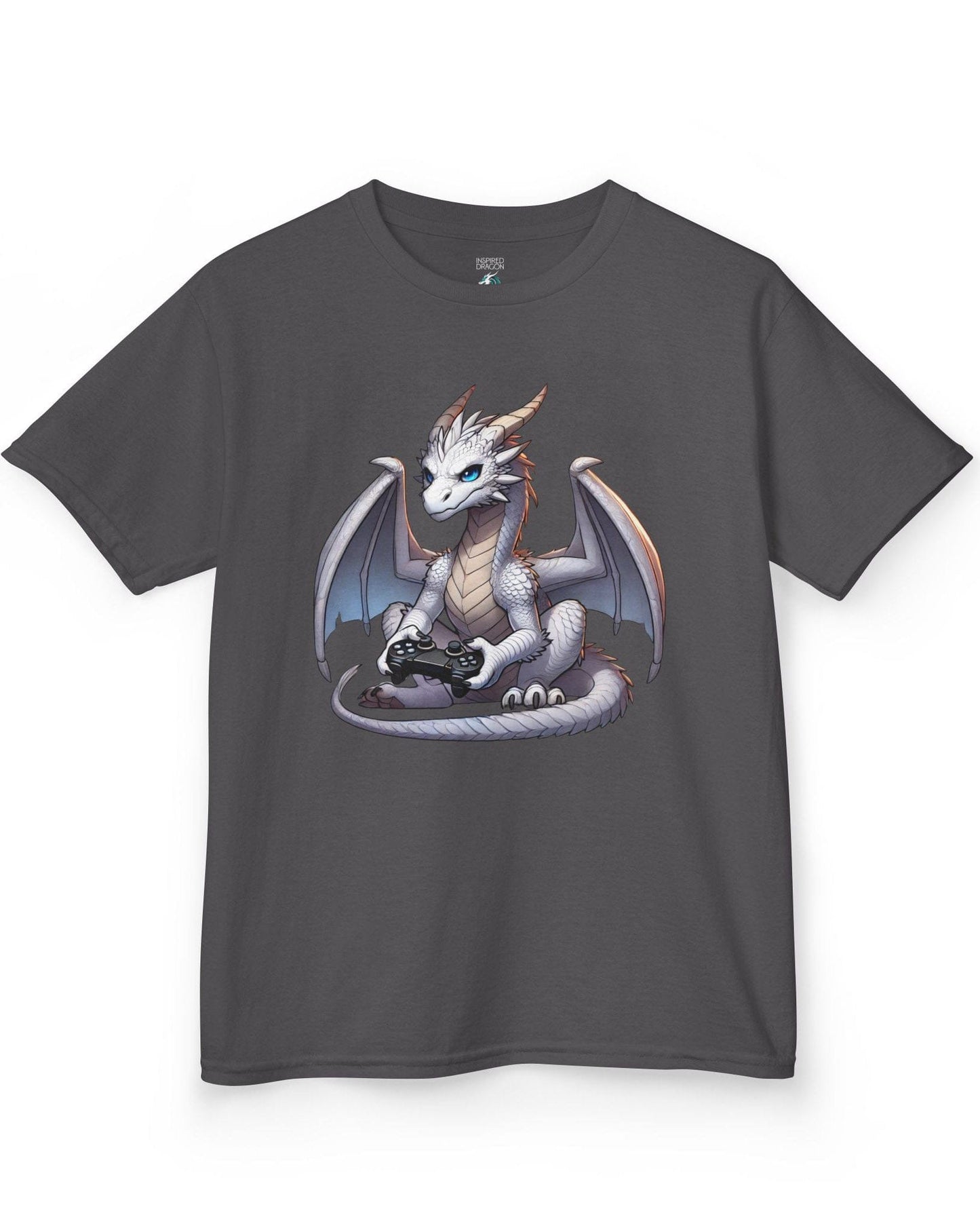 Gaming Dragon shirt in charcoal featuring a white dragon with blue eyes holding a video game controller.