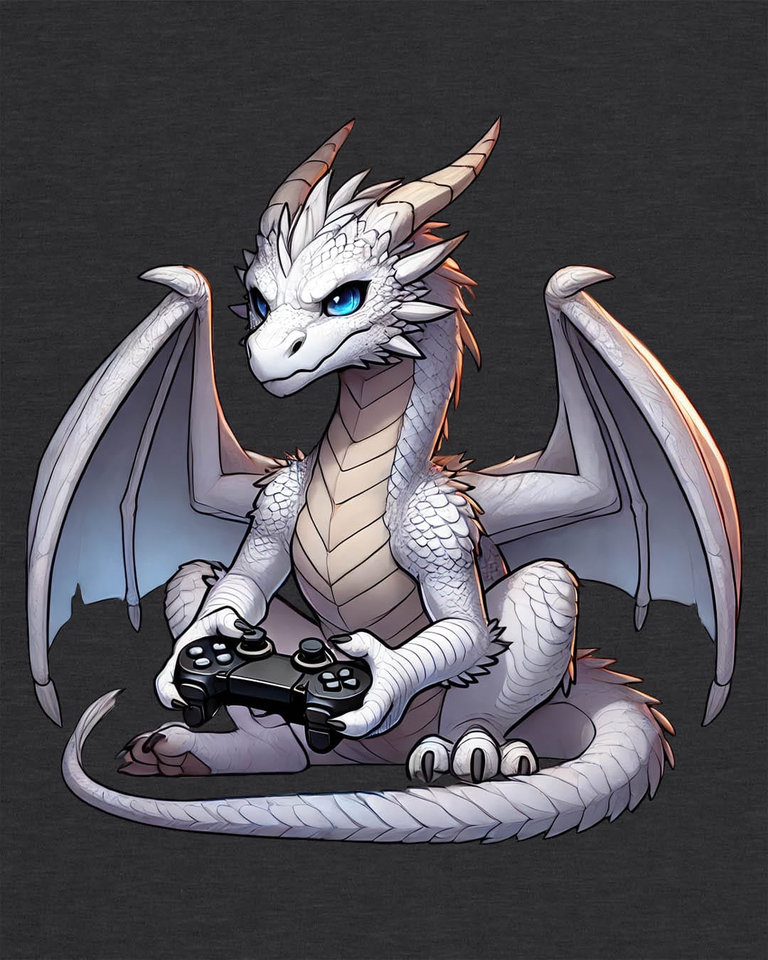 Gaming Dragon shirt in dark heather grey featuring a white dragon with blue eyes holding a video game controller.