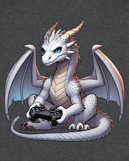 Gaming Dragon shirt in dark heather grey featuring a white dragon with blue eyes holding a video game controller.