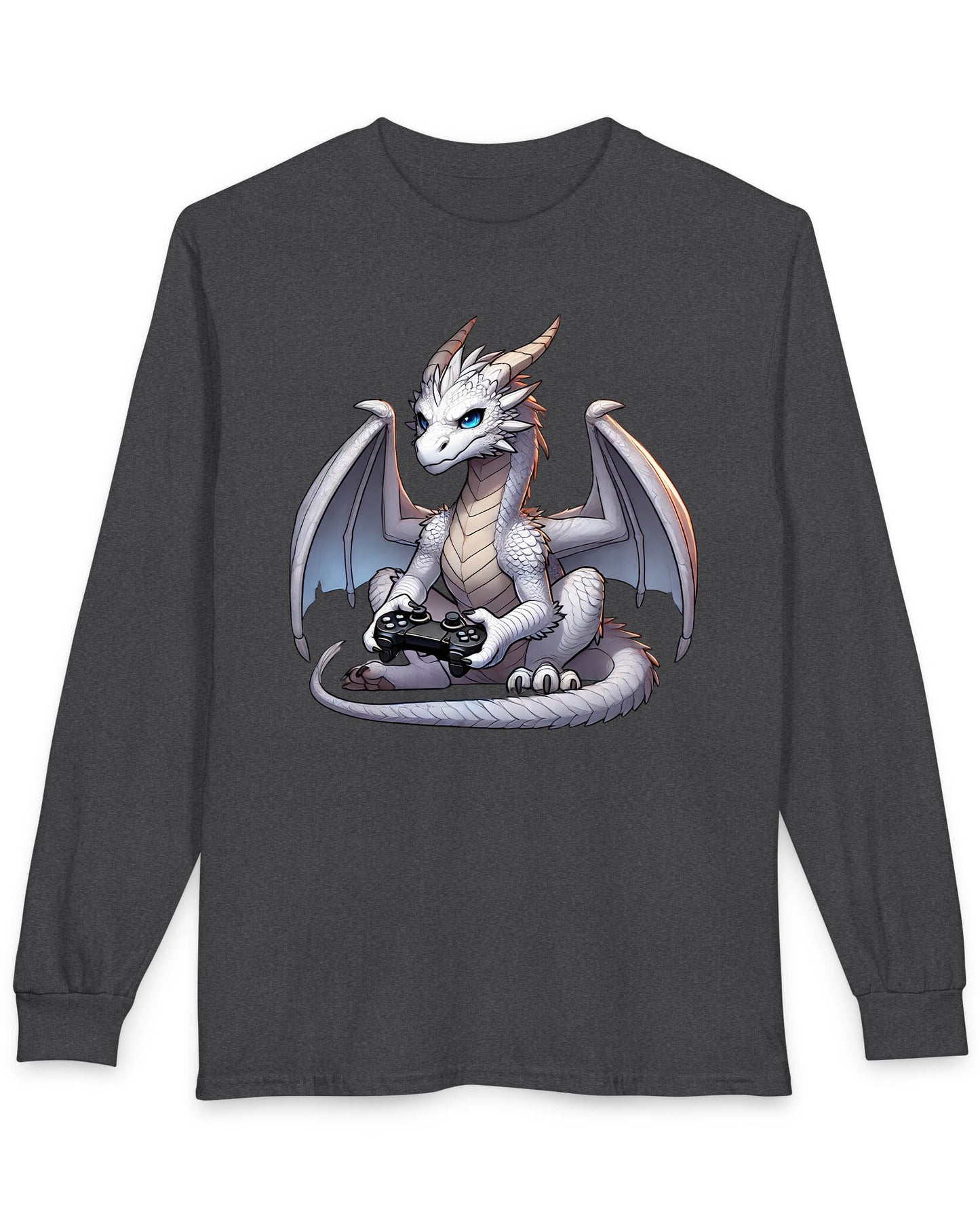 Gaming Dragon shirt in dark heather grey featuring a white dragon with blue eyes holding a video game controller.