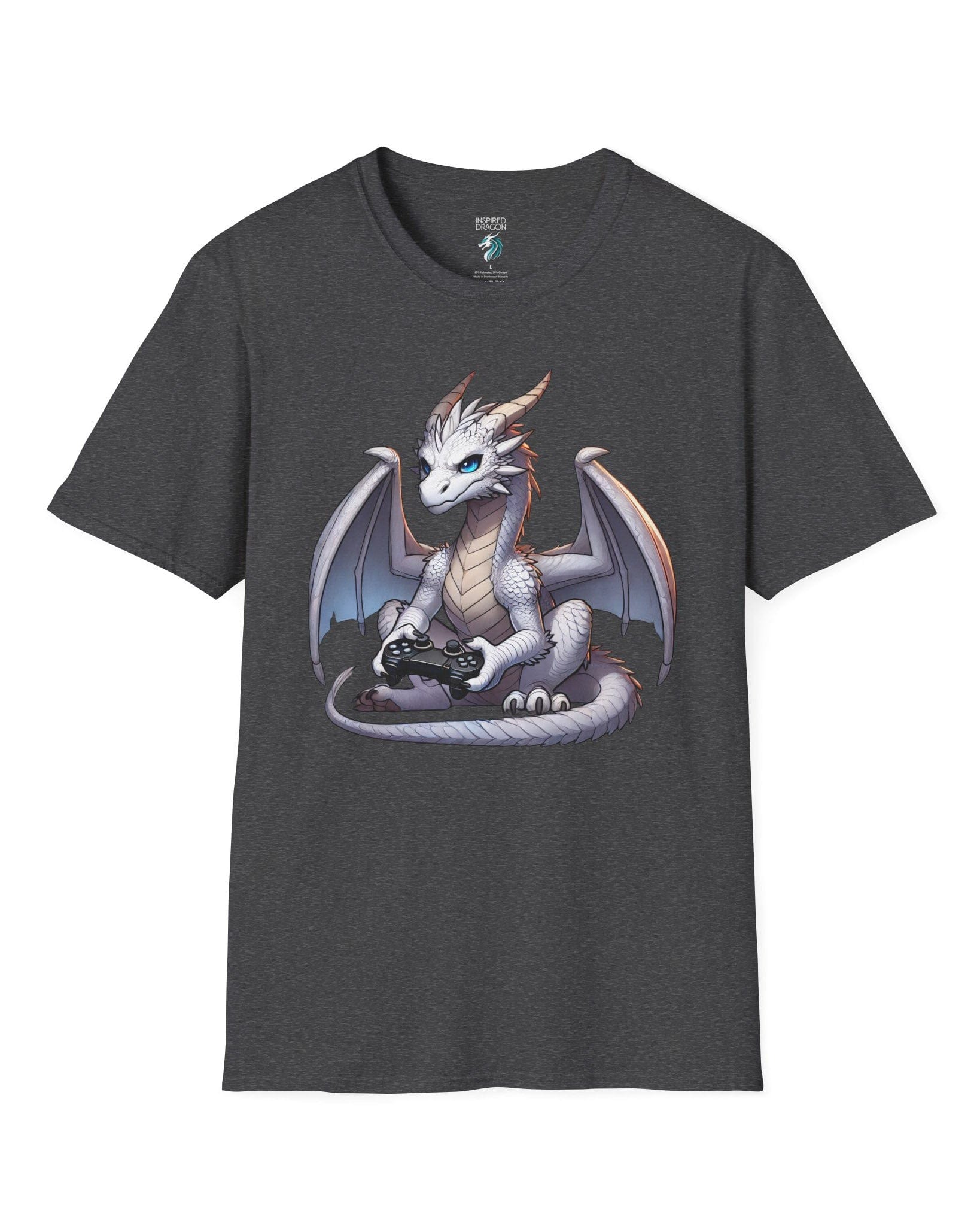Gaming Dragon shirt in dark heather grey featuring a white dragon with blue eyes holding a video game controller.
