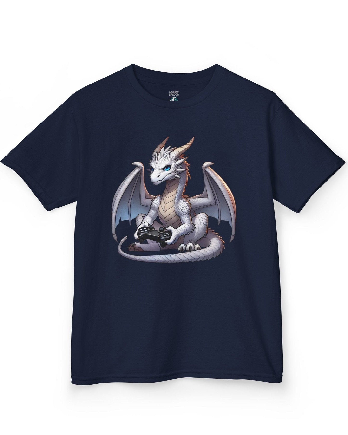 Gaming Dragon shirt in navy featuring a white dragon with blue eyes holding a video game controller.