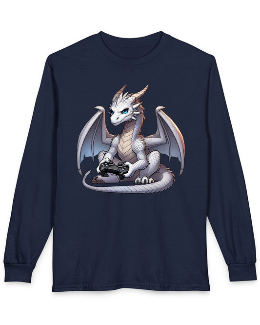 Gaming Dragon shirt in navy featuring a white dragon with blue eyes holding a video game controller.