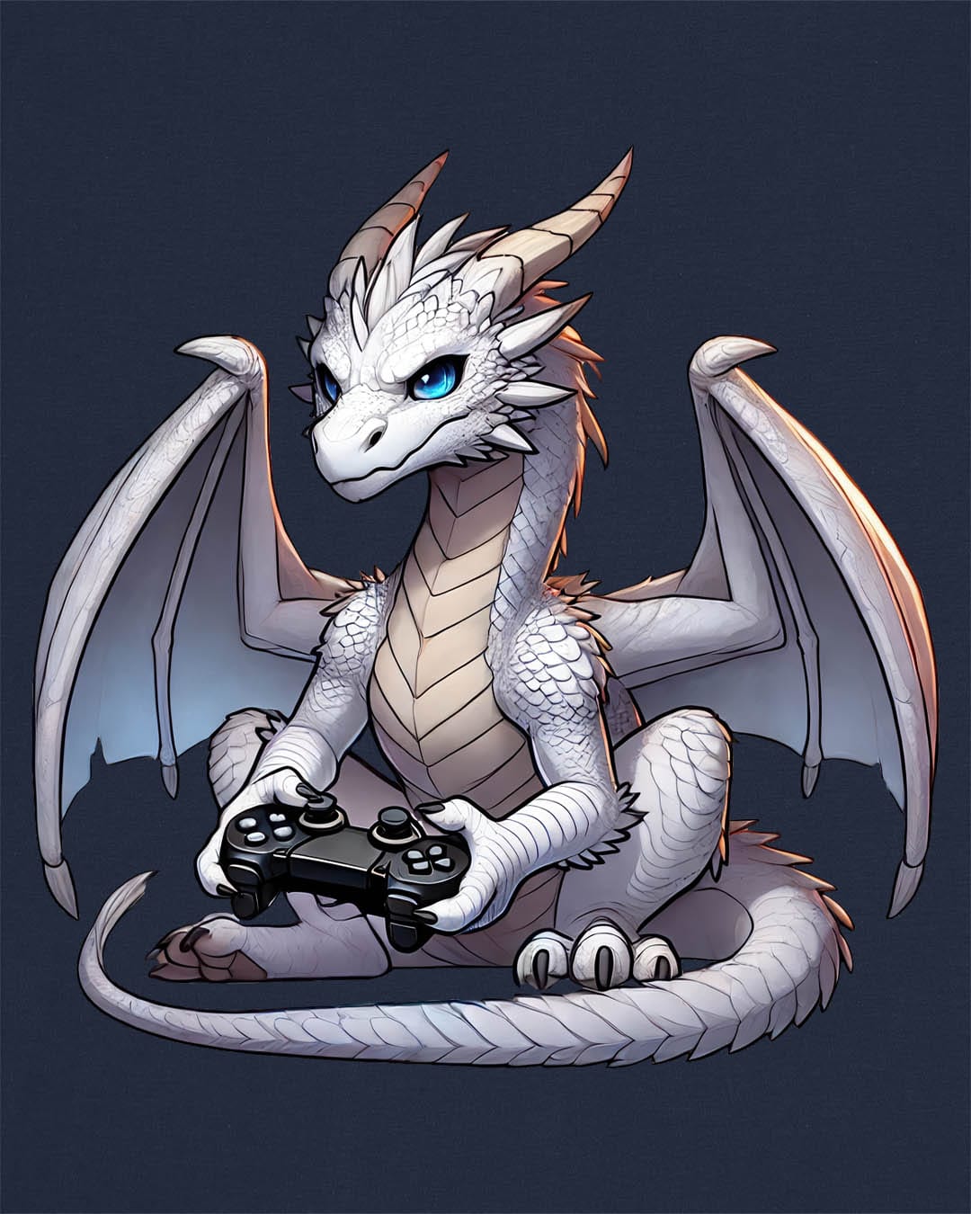 Gaming Dragon shirt in navy featuring a white dragon with blue eyes holding a video game controller.