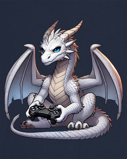 Gaming Dragon shirt in navy featuring a white dragon with blue eyes holding a video game controller.