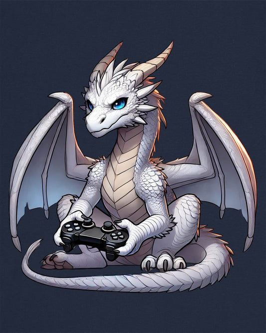 Gaming Dragon shirt in navy featuring a white dragon with blue eyes holding a video game controller.