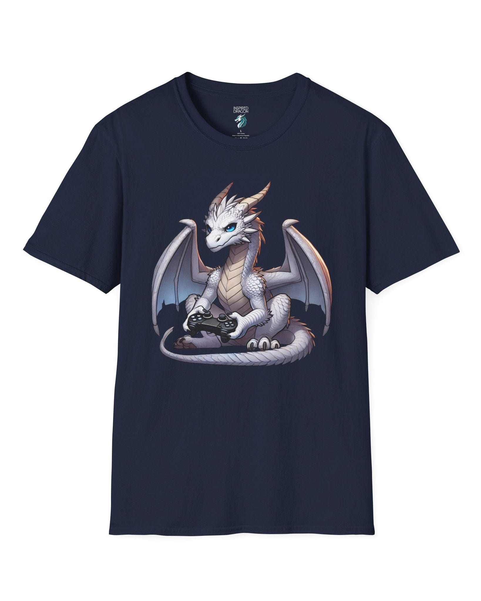 Gaming Dragon shirt in navy featuring a white dragon with blue eyes holding a video game controller.
