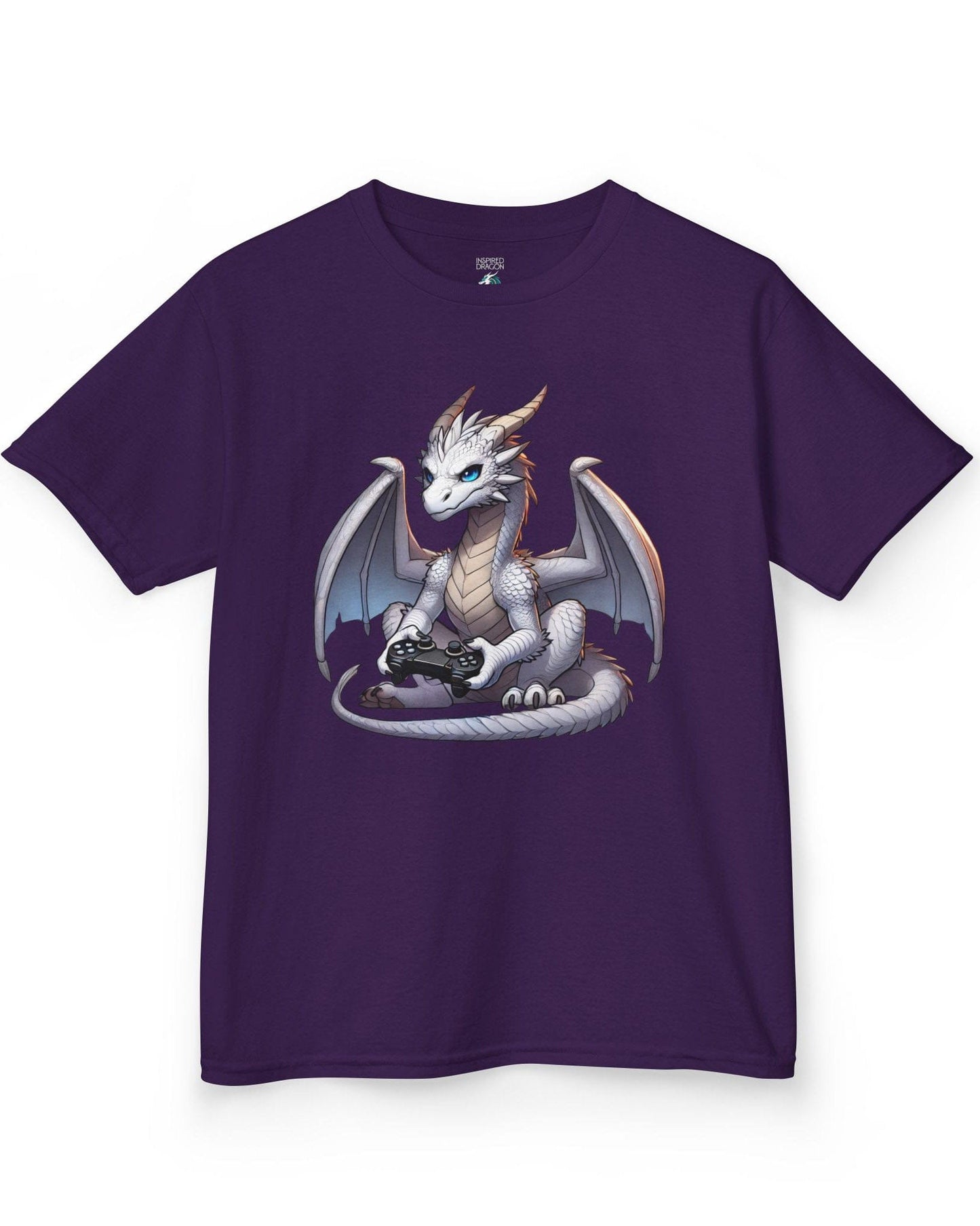 Gaming Dragon shirt in purple featuring a white dragon with blue eyes holding a video game controller.