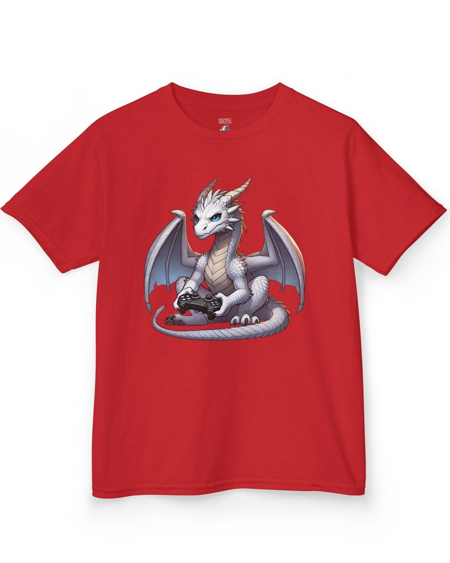 Gaming Dragon shirt in red featuring a white dragon with blue eyes holding a video game controller.