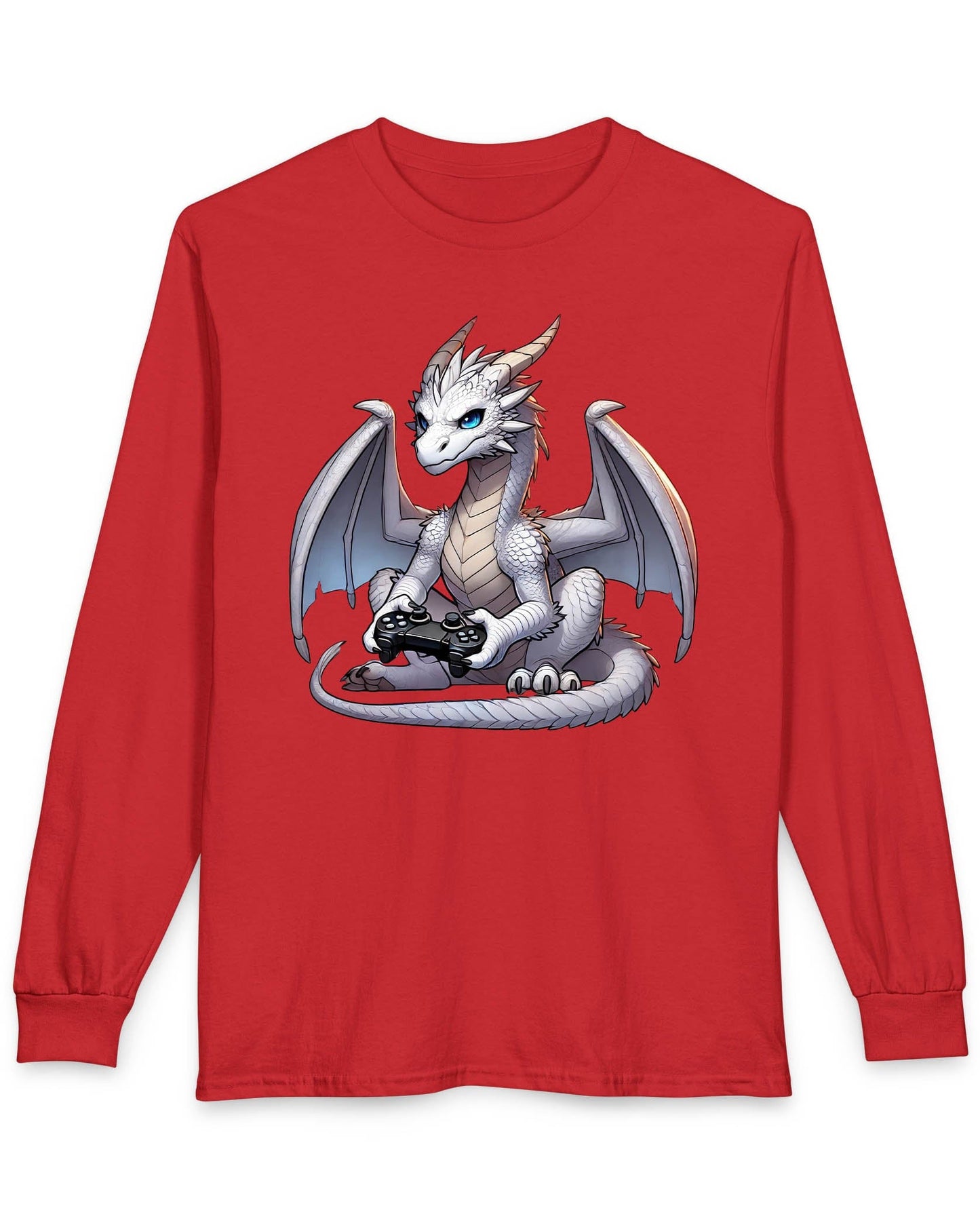 Gaming Dragon shirt in red featuring a white dragon with blue eyes holding a video game controller.