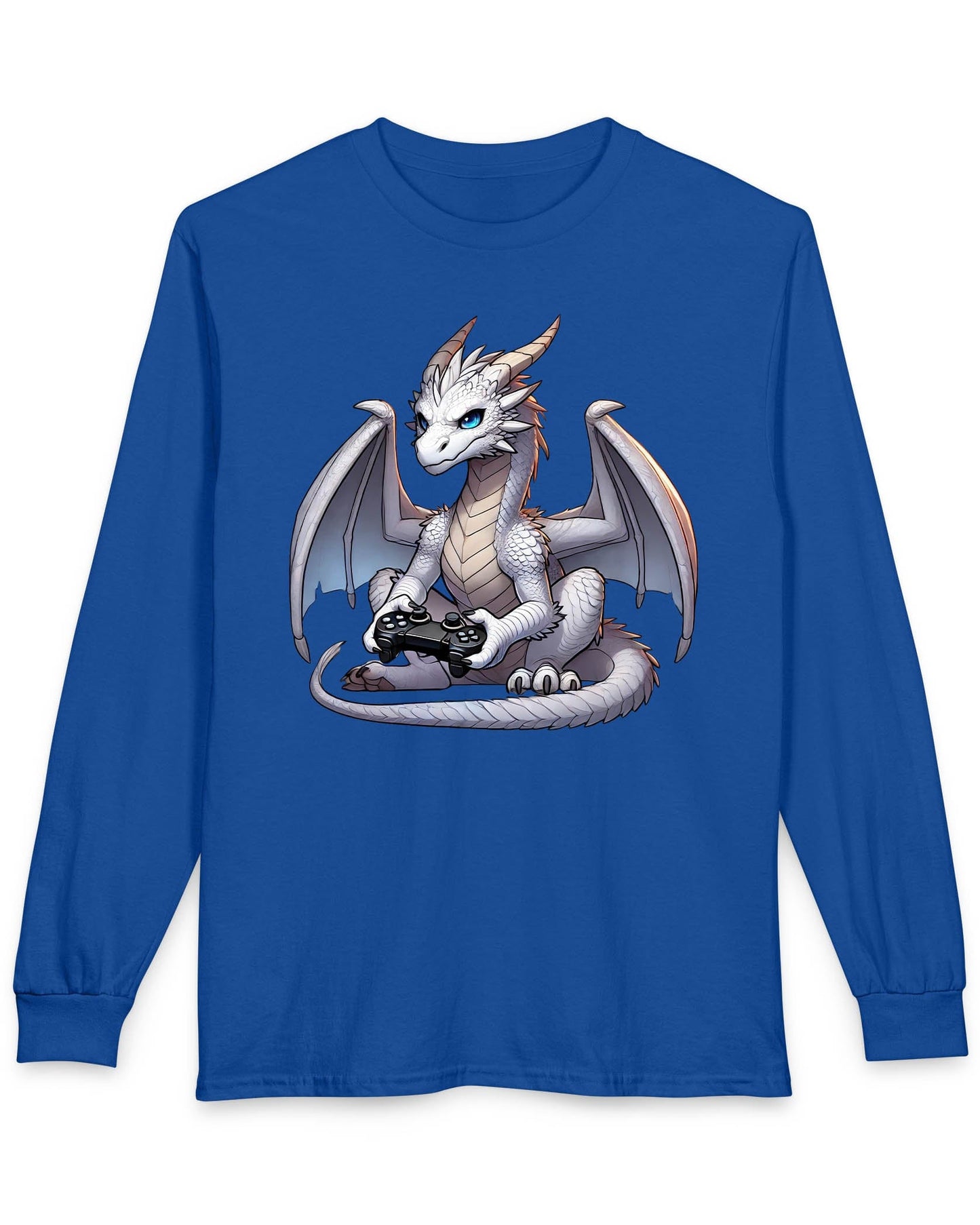 Gaming Dragon shirt in royal blue featuring a white dragon with blue eyes holding a video game controller.