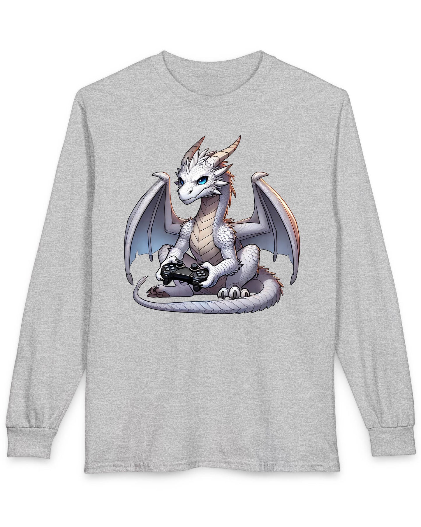 Gaming Dragon shirt in sport grey featuring a white dragon with blue eyes holding a video game controller.