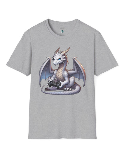 Gaming Dragon shirt in sport grey featuring a white dragon with blue eyes holding a video game controller.

