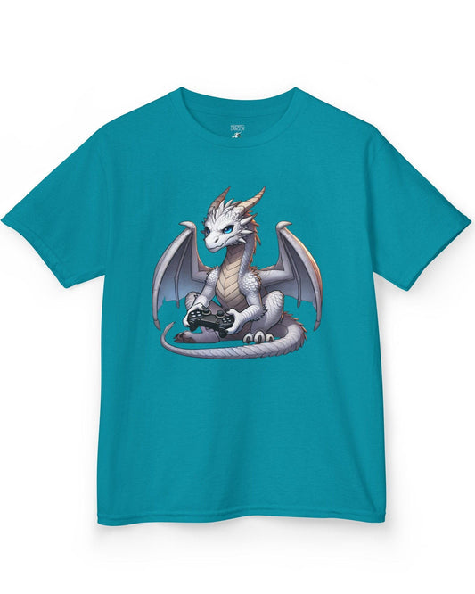 Gaming Dragon shirt in tropical blue featuring a white dragon with blue eyes holding a video game controller.