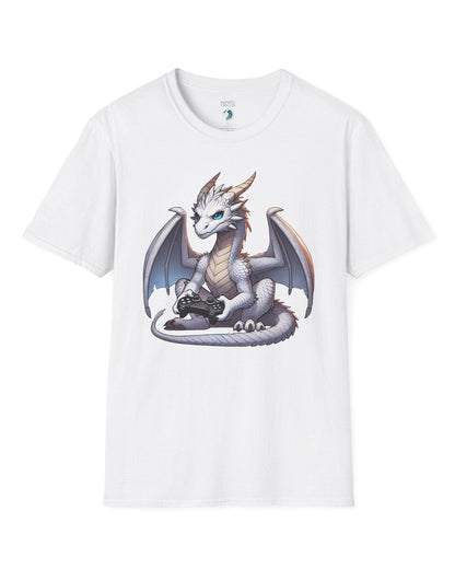 Gaming Dragon shirt in white featuring a white dragon with blue eyes holding a video game controller.
