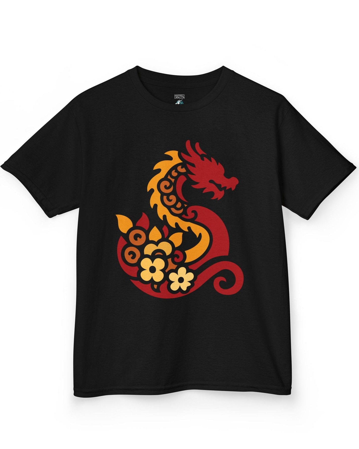 Spirit of the Embers shirt in black featuring a red and gold stylized dragon surrounded by floral elements.