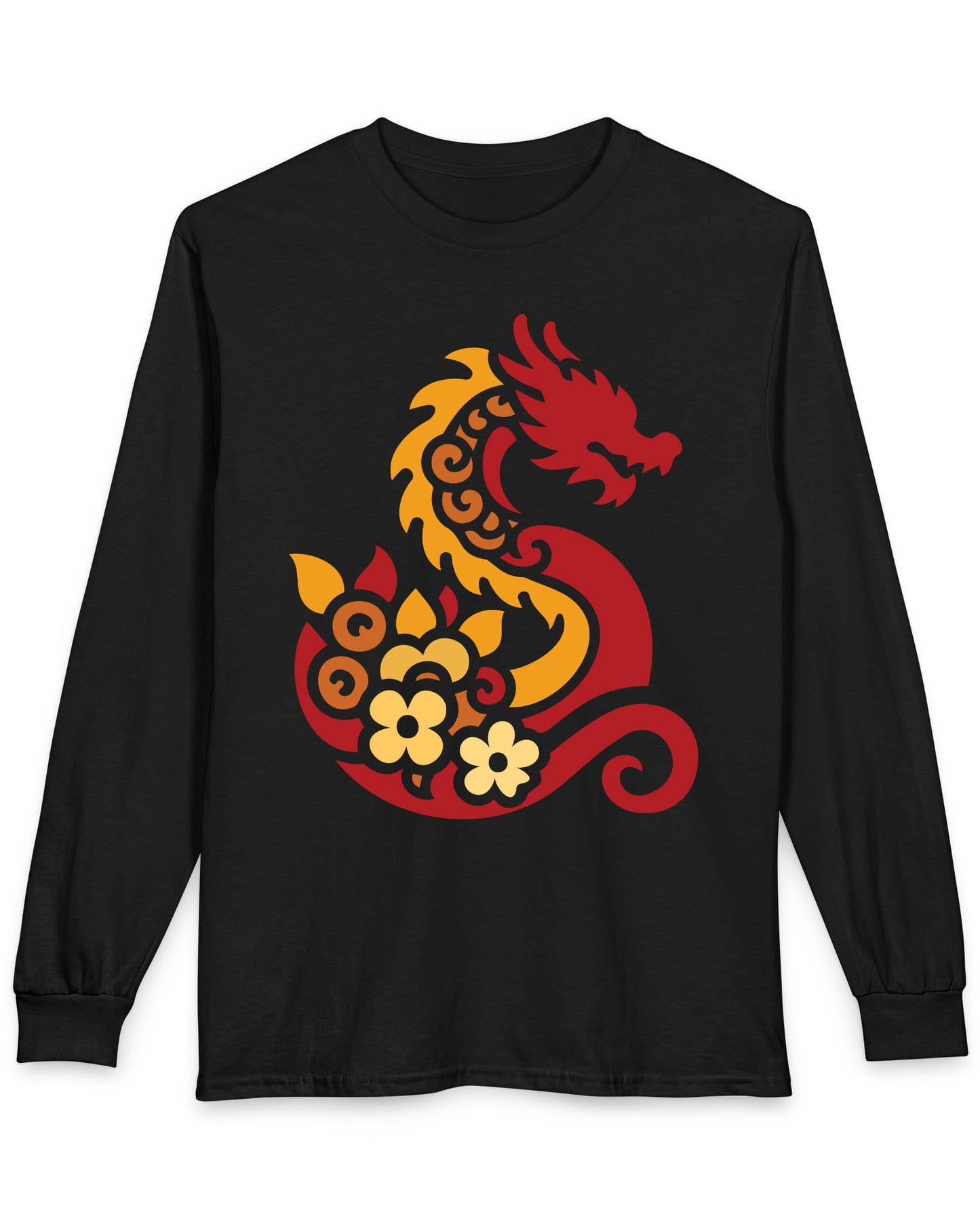 Spirit of the Embers shirt in black featuring a red and gold stylized dragon surrounded by floral elements