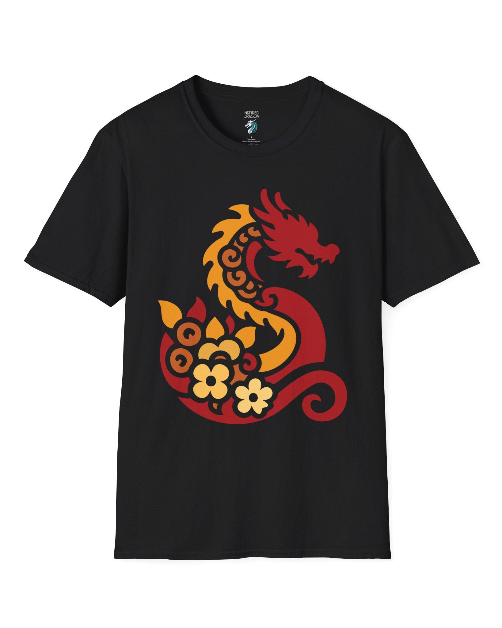 Spirit of the Embers shirt in black featuring a red and gold stylized dragon surrounded by floral elements.
