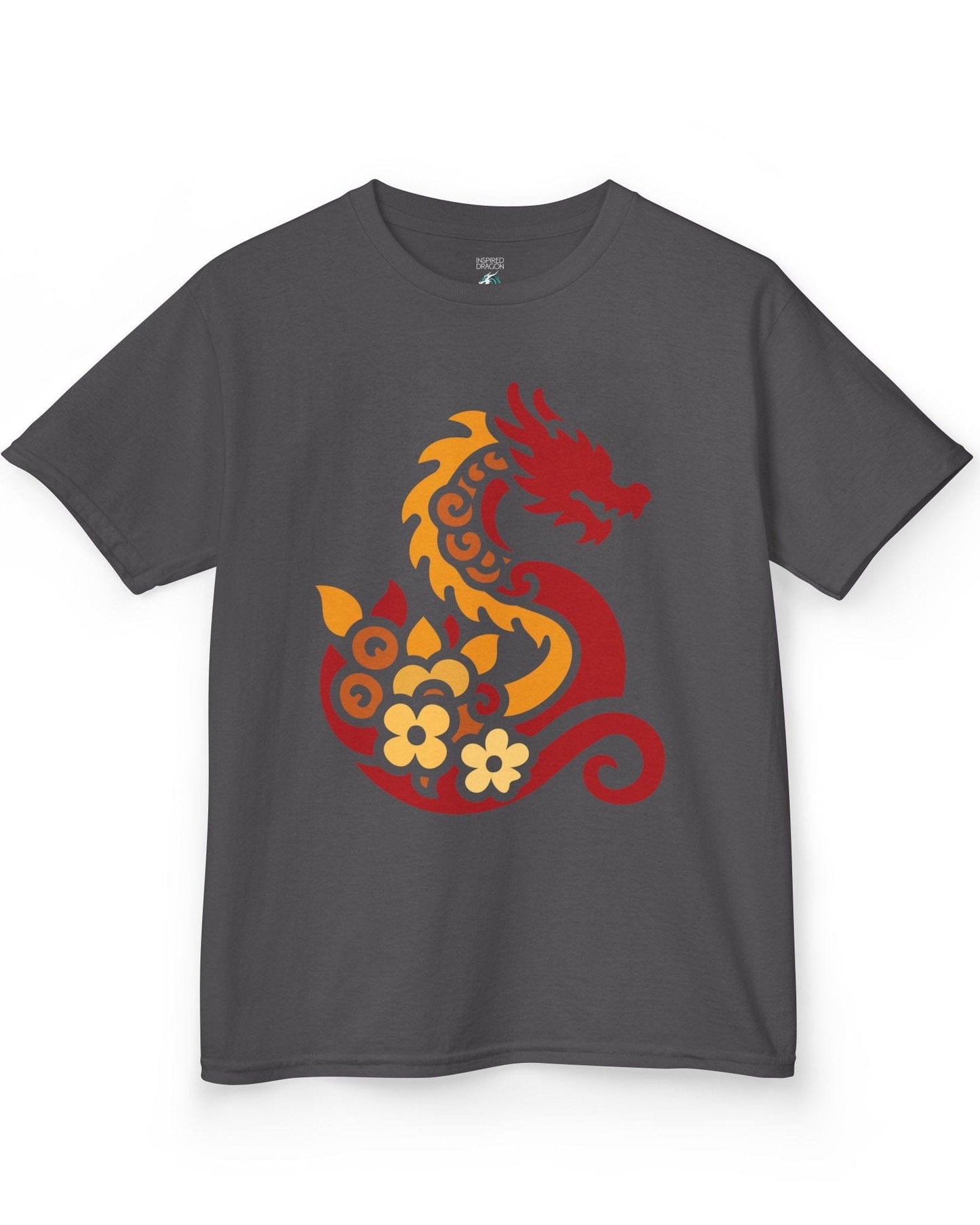 Spirit of the Embers shirt in charcoal featuring a red and gold stylized dragon surrounded by floral elements.