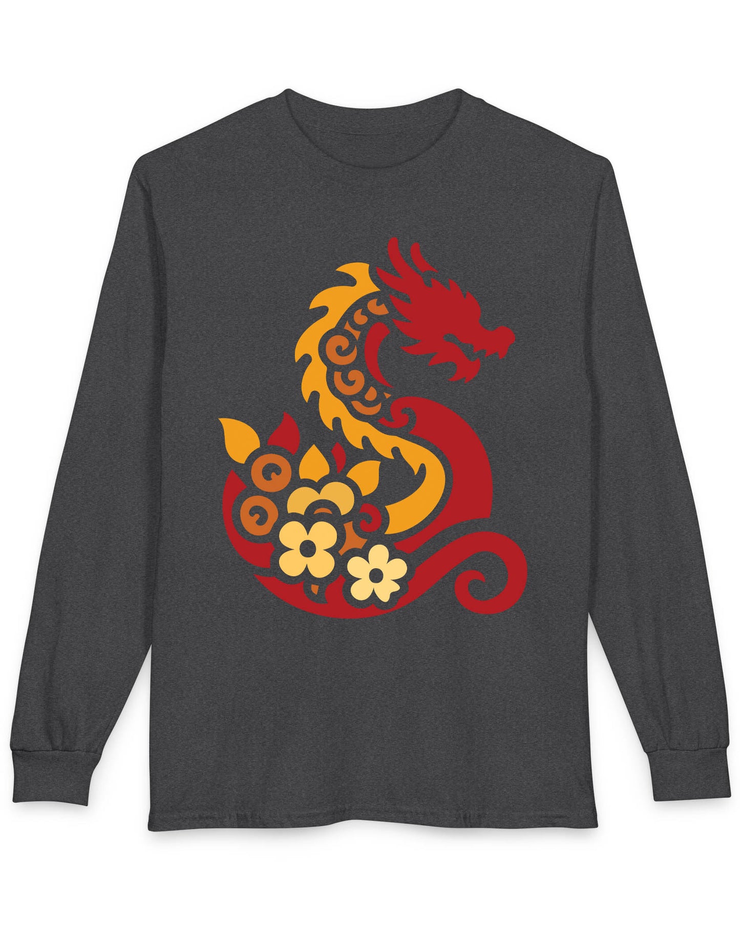 Spirit of the Embers shirt in dark heather featuring a red and gold stylized dragon surrounded by floral elements