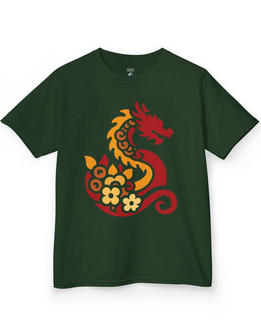 Spirit of the Embers shirt in forest green featuring a red and gold stylized dragon surrounded by floral elements.