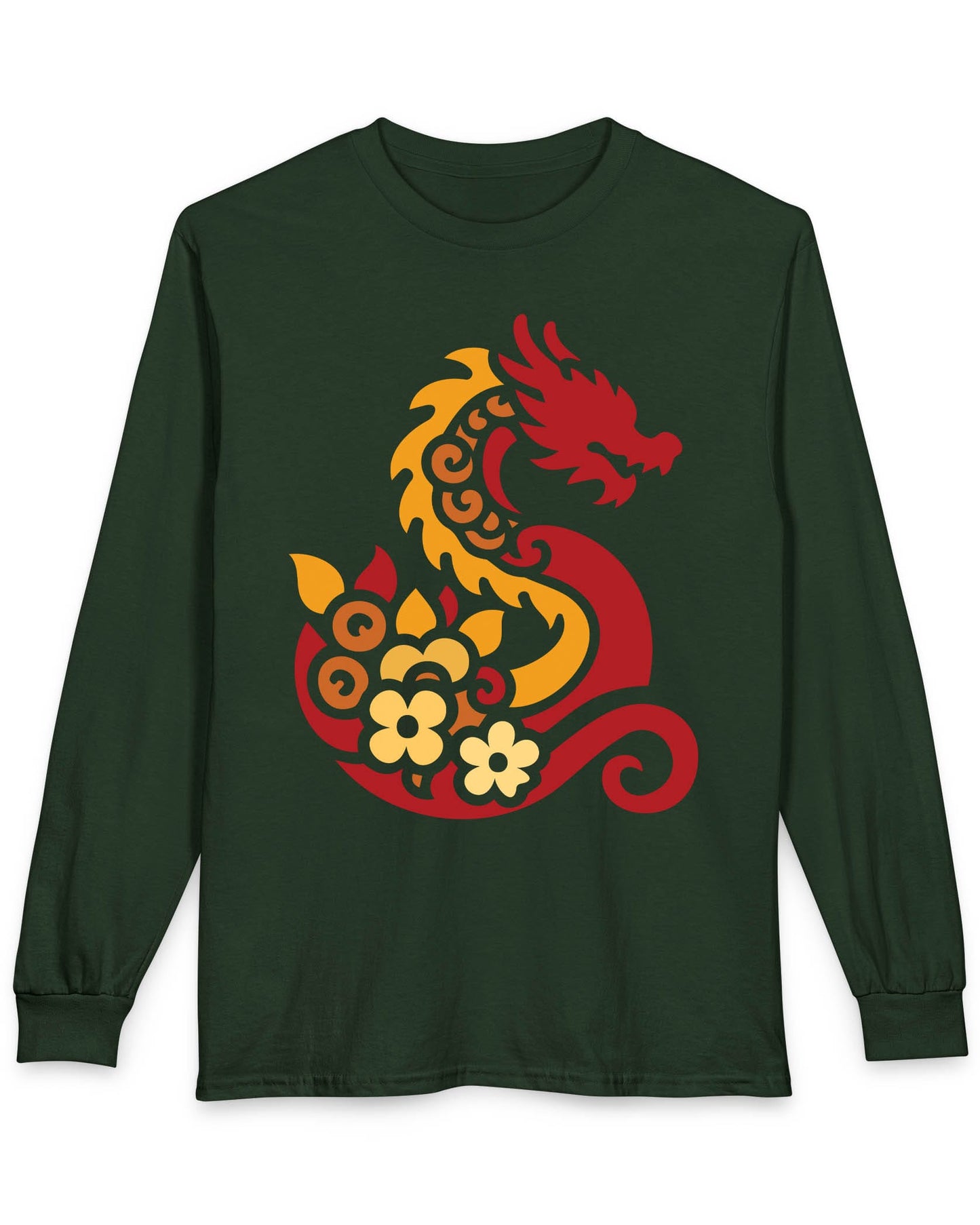 Spirit of the Embers shirt in forest green featuring a red and gold stylized dragon surrounded by floral elements