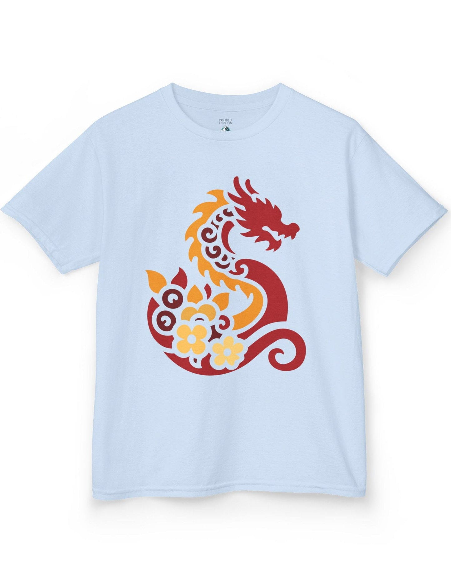Spirit of the Embers shirt in light blue featuring a red and gold stylized dragon surrounded by floral elements.