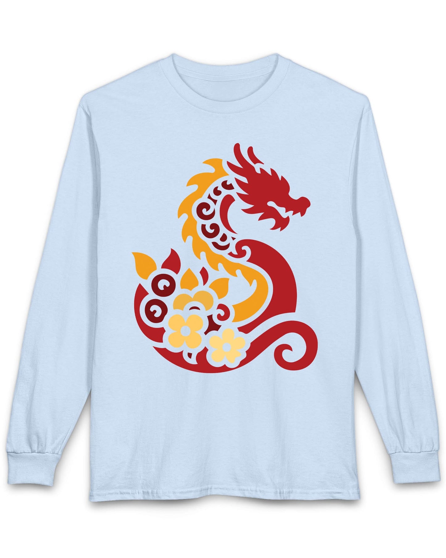 Spirit of the Embers shirt in light blue featuring a red and gold stylized dragon surrounded by floral elements