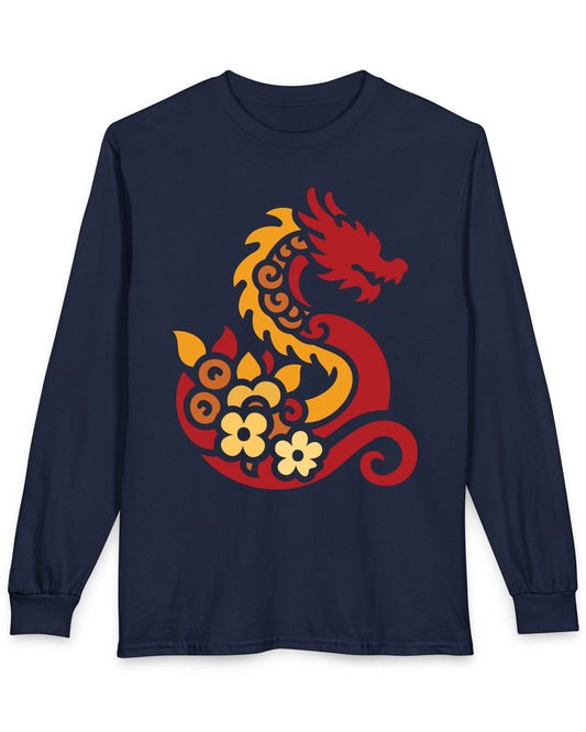 Spirit of the Embers shirt in navy featuring a red and gold stylized dragon surrounded by floral elements