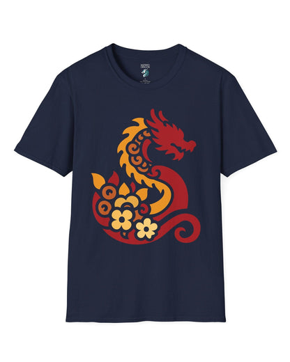 Spirit of the Embers shirt in navy featuring a red and gold stylized dragon surrounded by floral elements.
