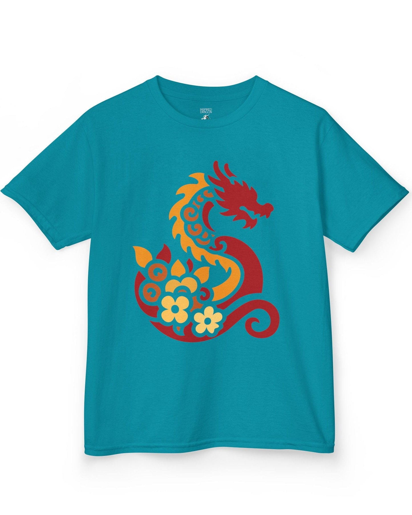 Spirit of the Embers shirt in tropical blue featuring a red and gold stylized dragon surrounded by floral elements.