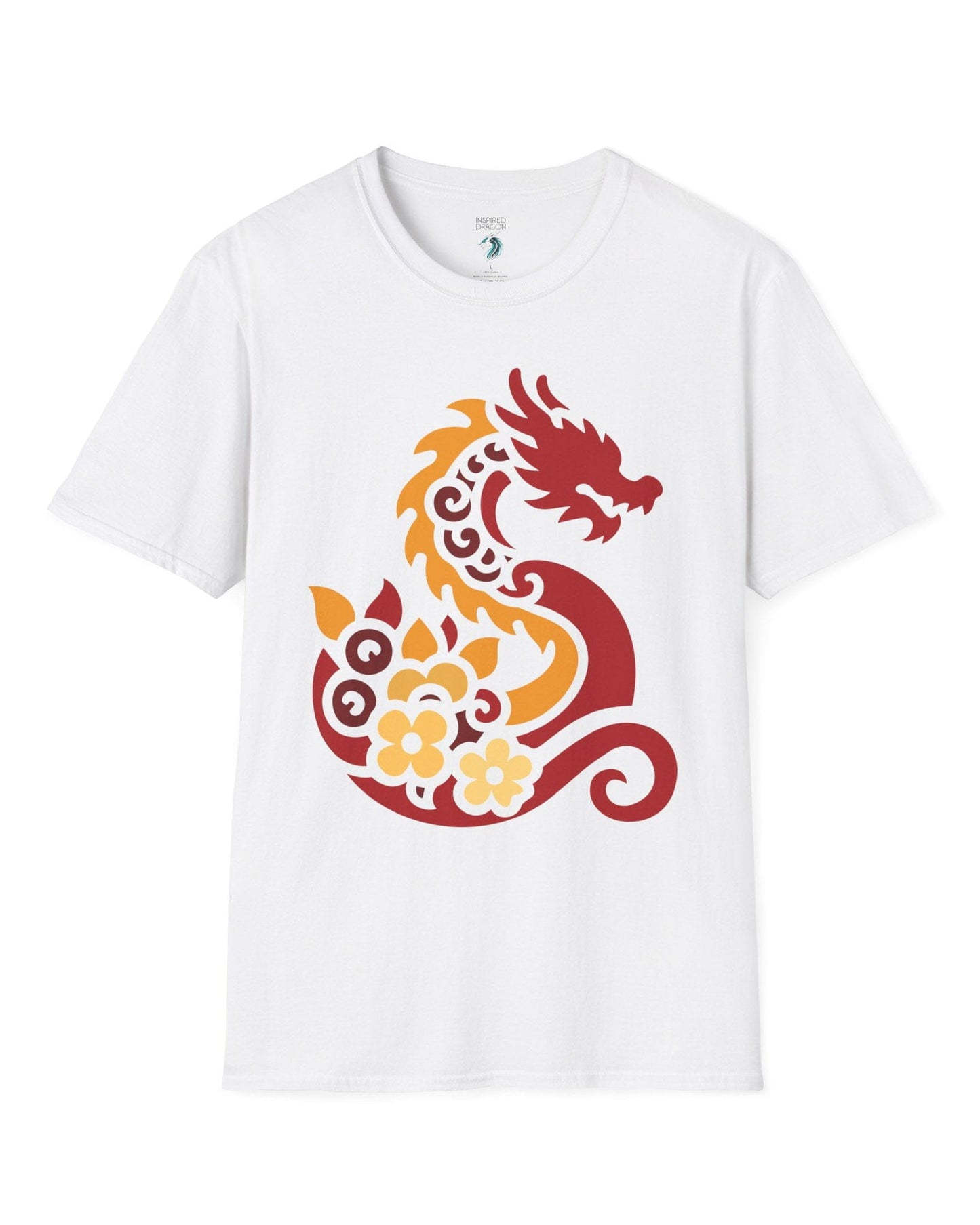 Spirit of the Embers shirt in white featuring a red and gold stylized dragon surrounded by floral elements.
