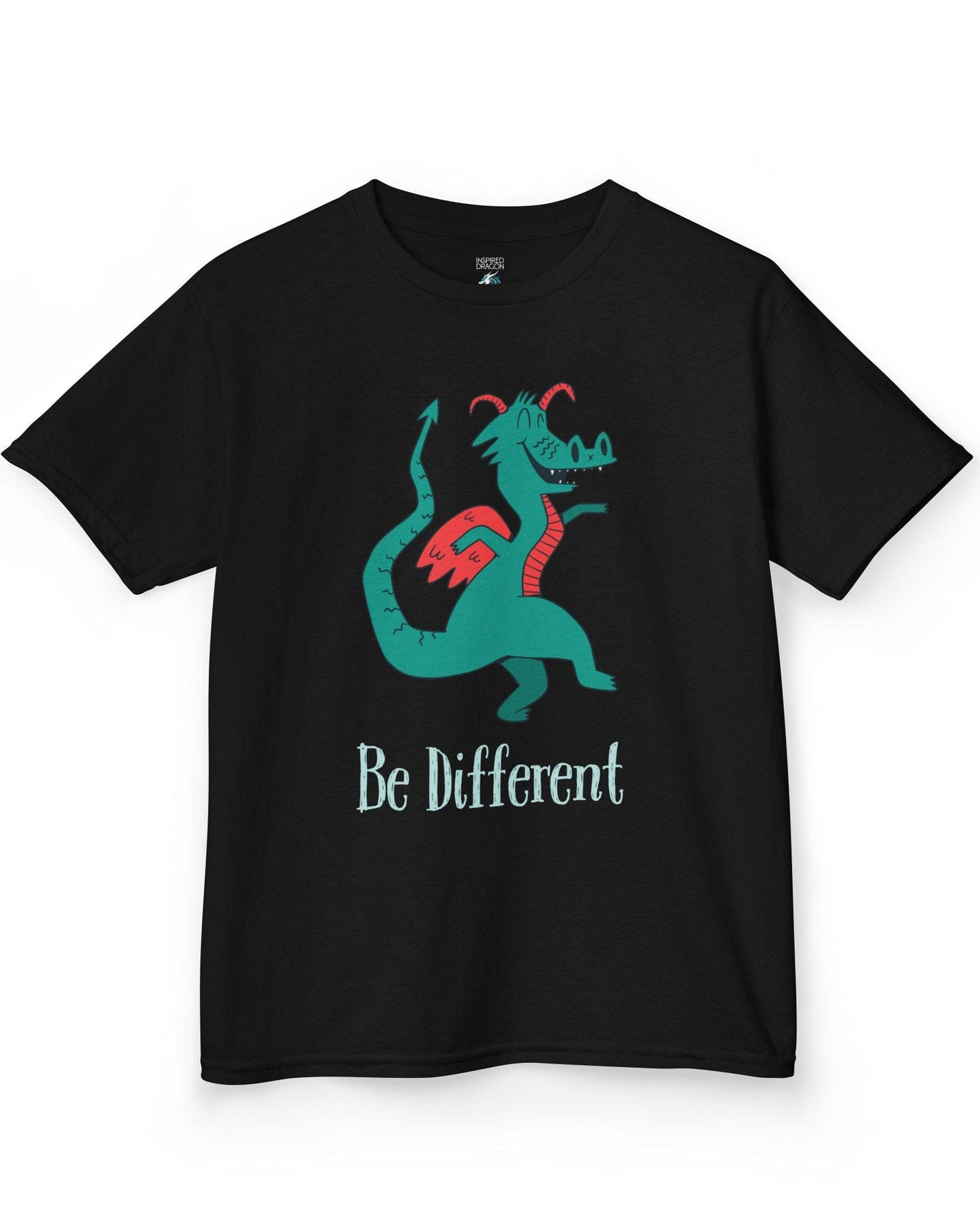 Be Different shirt in black featuring a quirky teal dragon with red wings dancing joyfully with text underneath.