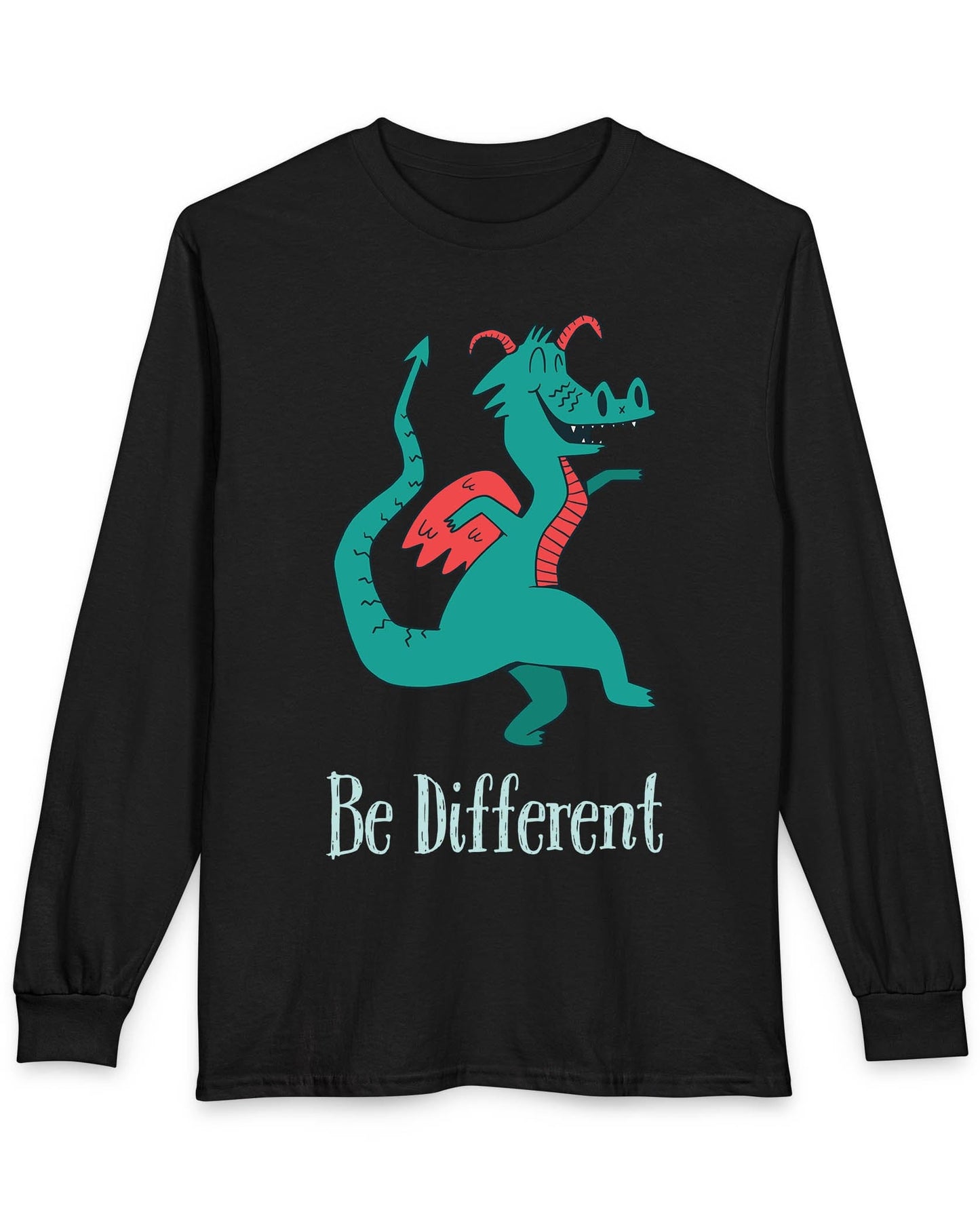 Be Different shirt in black featuring a quirky teal dragon with red wings dancing joyfully with text underneath.