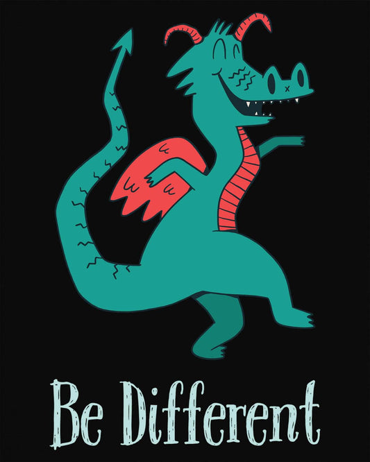Be Different shirt in black featuring a quirky teal dragon with red wings dancing joyfully with text underneath.