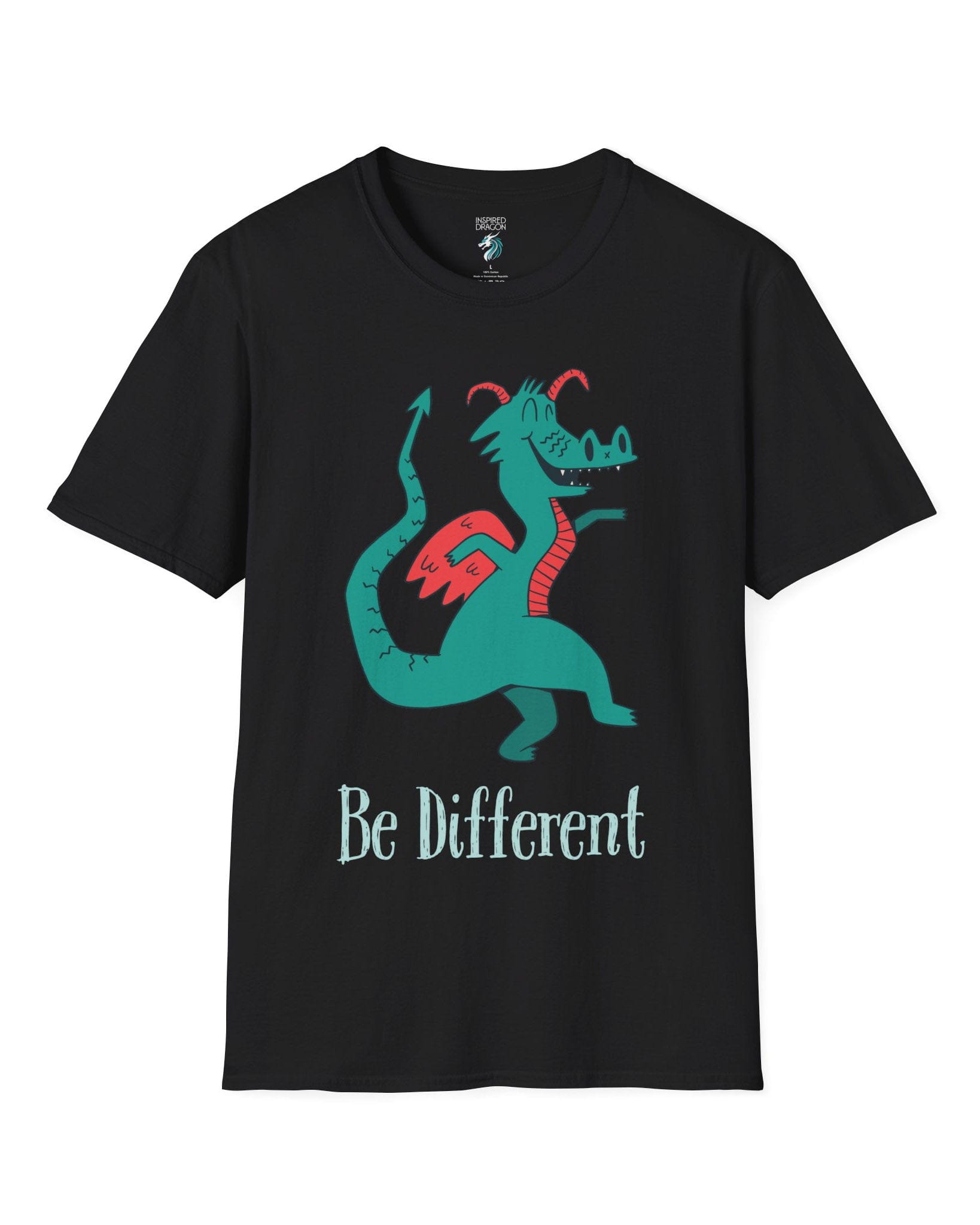 Be Different shirt in black featuring a quirky teal dragon with red wings dancing joyfully with text underneath.
