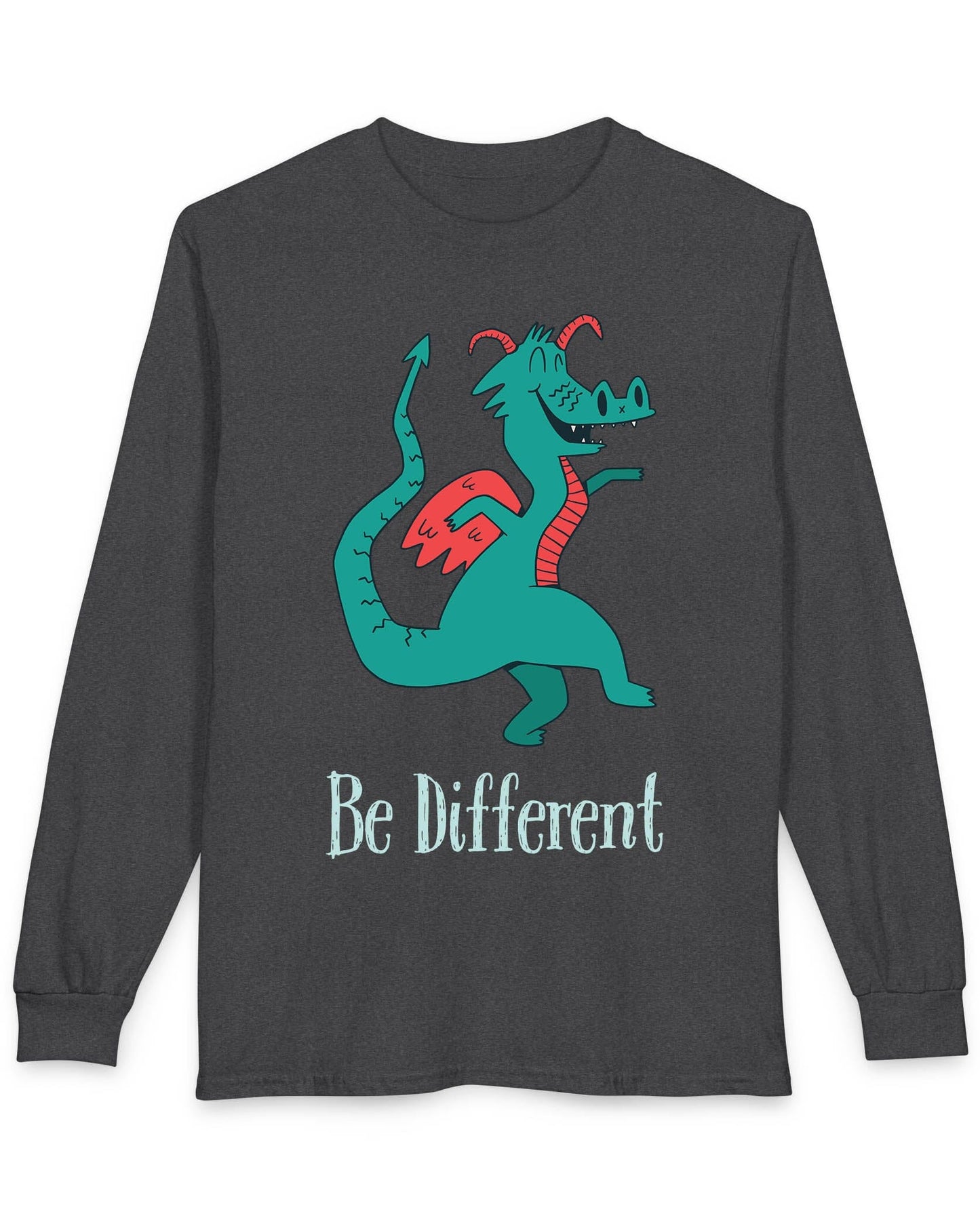 Be Different shirt in dark heather grey featuring a quirky teal dragon with red wings dancing joyfully with text underneath.