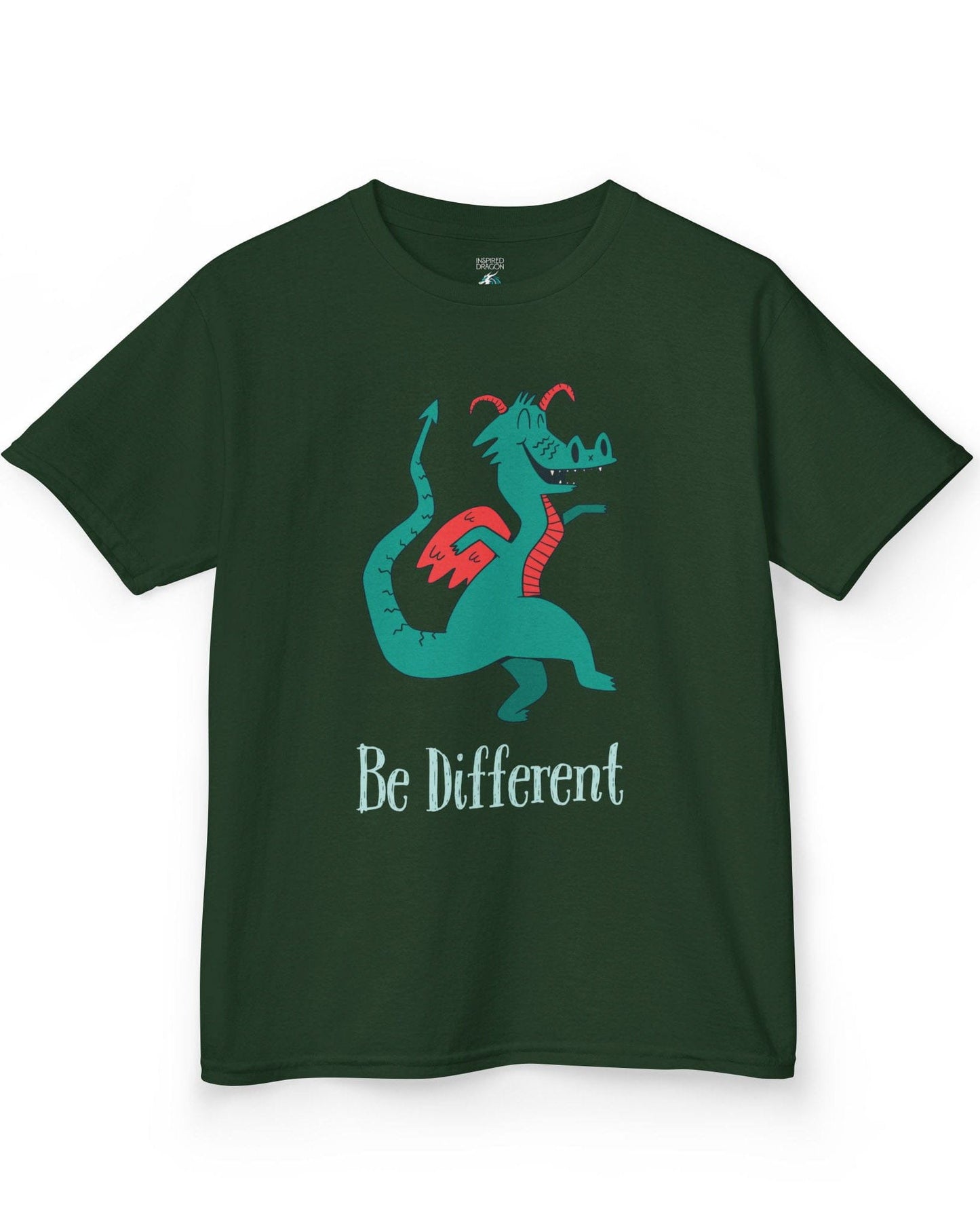 Be Different shirt in forest green featuring a quirky teal dragon with red wings dancing joyfully with text underneath.